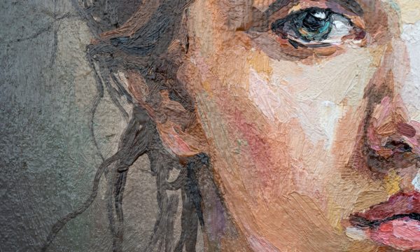 A fragment of a painting depicting a young girl. Blue-eyed girl with a pigtail. Oil painting on canvas. A fragment of a painting depicting a young girl. Blue-eyed girl with a pigtail. Oil painting on canvas.