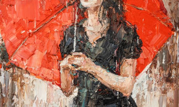 Girl with a red umbrella. Oil painting on canvas. Girl with a red umbrella. Oil painting on canvas.